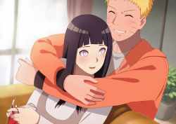1boy 1girl black_hair blonde_hair closed_eyes couple dacchi hetero highres hug hug_from_behind husband_and_wife hyuuga_hinata knitting long_hair naruto_(series) naruto_shippuuden purple_eyes short_hair smile uzumaki_naruto