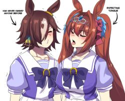 2girls animal_ears blush breasts closed_eyes collarbone commentary daiwa_scarlet_(umamusume) english_commentary english_text highres hinghoi horse_ears horse_girl large_breasts long_hair multiple_girls open_mouth short_hair short_sleeves tiara tongue tongue_out twintails umamusume upper_body vodka_(umamusume) yuri