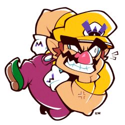 1boy big_nose brown_hair cleft_chin clenched_teeth facial_hair gloves green_footwear highres legendofnerd muscular mustache nintendo overalls pointy_ears purple_overalls shirt simple_background teeth thick_eyebrows wario wario_land white_background white_gloves yellow_headwear yellow_shirt