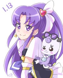 10s 1girl brooch chocokin creature cure_fortune earrings gurasan_(happinesscharge_precure!) hair_ornament hair_ribbon happinesscharge_precure! heart heart_brooch heart_hair_ornament hikawa_iona jewelry long_hair looking_at_viewer magical_girl one_eye_closed precure purple-tinted_eyewear purple_eyes purple_hair ribbon signature smile star_(symbol) star_earrings sunglasses tinted_eyewear upper_body white_background wide_ponytail