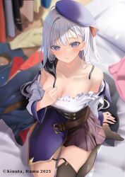 1girl 2025 artist_name belt beret black_thighhighs blurry blurry_background breasts cape cleavage closed_mouth cover cover_page from_above garter_straps grey_hair half-skirt hamu_(plot_sy) hat highres kono_cosplay_onee-san_wa_boku_senyou_rashii large_breasts light_blush long_hair miniskirt miyoshi_hiyori no_bra novel_cover off-shoulder_shirt off_shoulder official_art on_bed pillow pleated_skirt pov purple_eyes second-party_source shirt single_thighhigh sitting skirt solo thighhighs unworn_cape unworn_clothes wariza wig wooden_floor