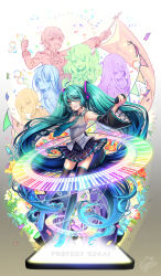 Rule 34 | 1boy, 5girls, aqua eyes, aqua hair, aqua necktie, aqua trim, ascot, azusawa kohane, banner, black boots, black skirt, black sleeves, boots, bunting, cellphone, commentary request, confetti, copyright name, detached sleeves, eighth note, floating clothes, floating hair, flower, glowing, gradient background, grey background, grey shirt, grin, hanasato minori, hatsune miku, highres, holding, holding microphone, hoshino ichika (project sekai), long hair, looking at viewer, microphone, multiple girls, musical note, necktie, one eye closed, open mouth, phone, piano keys, pleated skirt, project sekai, red flower, shirt, skirt, sleeveless, sleeveless shirt, smile, tenma tsukasa, thigh boots, thighhighs, tiprip kk, twintails, very long hair, vocaloid, white background, white trim, yellow flower, yoisaki kanade, zettai ryouiki