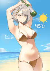 1girl alternate_costume armpits arms_up artist_name beach bikini blue_eyes bottle breasts celsius cleavage closed_mouth cloud collarbone commentary english_commentary girls&#039;_frontline girls&#039;_frontline_2:_exilium gold_bikini golden_week grey_hair hair_ornament hairpin highres holding holding_bottle kion-kun light_smile looking_at_viewer navel ocean short_hair solo stomach sun swimsuit vector_(girls&#039;_frontline) vector_(girls&#039;_frontline_2) x_hair_ornament yellow_eyes