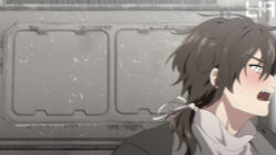 1boy black_coat blush coat embarrassed enigma_(reverse:1999) from_side hnt_(1177tr1999) indoors low_ponytail male_focus medium_hair motion_blur open_mouth ponytail portrait profile reverse:1999 short_hair solo yellow_eyes