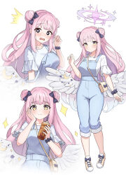 1girl absurdres alternate_costume alternate_hairstyle angel_wings black_bow black_eyes black_scrunchie blue_archive blue_overalls blunt_bangs blush bow breasts bright_pupils casual closed_mouth commentary_request crescent cup disposable_cup double_bun feathered_wings footwear_bow full_body hair_bow hair_bun halo hand_on_own_cheek hand_on_own_face hand_up happy highres holding holding_cup large_breasts looking_at_viewer low_wings mika_(blue_archive) multiple_views open_mouth overalls pink_halo raised_eyebrows saku_art3 scrunchie shirt short_sleeves sidelocks simple_background smile sparkle split_mouth standing strap_slip surprised upper_body white_background white_pupils white_shirt white_wings wide-eyed wings wrist_bow wrist_scrunchie yellow_eyes