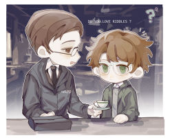 2boys ? animification batman_(series) black_jacket black_necktie blush brown_hair chibi collared_shirt cscarus cup dc_comics edward_nashton edward_nygma glasses gotham_(series) green_eyes green_hoodie grey_sweater hair_behind_ear highres holding holding_plate hood hoodie jacket male_focus multiple_boys necktie plate shirt smile sweater teacup the_batman_(2022) the_riddler white_shirt