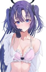 1girl absurdres alternate_costume black_halo blue_archive breasts byakko_0410 collarbone gloves hair_ornament halo highres lingerie mechanical_halo medium_breasts purple_eyes purple_hair shirt solo triangle_hair_ornament underwear upper_body white_shirt yuuka_(blue_archive)