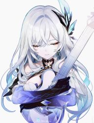 1girl bare_shoulders breasts choker cleavage_cutout closed_eyes clothing_cutout elbow_gloves genshin_impact glint gloves gradient_hair gradient_outline guitar highres holding holding_guitar holding_instrument instrument long_eyelashes mi505521 multicolored_hair skirk_(genshin_impact) solo twitter_username upper_body white_background white_hair
