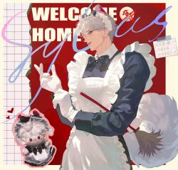 1boy animal_ears apron black_bow bow bowtie cat_boy cat_ears cat_tail closed_mouth cowboy_shot crossdressing english_text glasses gloves highres huohanaa looking_at_viewer love_and_deepspace maid_apron maid_headdress male_focus red_eyes short_hair solo sylus_(love_and_deepspace) tail toy white_gloves white_hair