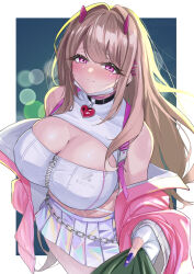 1girl bare_shoulders blush breasts brown_hair cleavage collar goddess_of_victory:_nikke hair_ornament highres hiromusan holding holographic_clothing horns large_breasts leotard long_hair looking_at_viewer pink_eyes pink_horns pink_leotard red_eyes reflective_clothes shiny_skirt skirt smile solo viper_(nikke)
