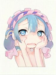 Rule 34 | 1boy, blue eyes, blue hair, collarbone, hands on own cheeks, hands on own face, highres, made in abyss, maid headdress, male focus, maruruk, nude, open mouth, short hair, simple background, trap, wavy mouth, white background, ximu shilang