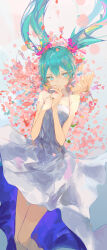 1girl absurdres alternate_costume aqua_eyes aqua_hair armpit_crease bare_legs bare_shoulders blue_dress breasts commentary dress english_commentary feet_out_of_frame floating_hair flower hair_between_eyes hands_up hatsune_miku highres ichika_(ichika87) long_hair looking_at_viewer making-of_available miku_day own_hands_together petals short_dress sidelocks small_breasts solo sundress twintails two-sided_dress two-sided_fabric vocaloid white_dress