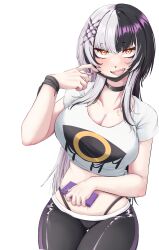 1girl absurdres black_choker black_hair black_nails black_pants breasts choker cleavage crop_top highres holding holding_phone hololive hololive_english large_breasts long_hair looking_at_viewer mmneko multicolored_hair pants phone shiori_novella shirt solo split-color_hair two-tone_hair virtual_youtuber white_hair white_shirt yellow_eyes