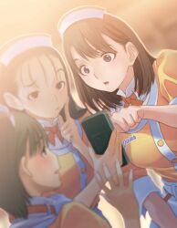 3girls anegasaki_nene backlighting belt black_eyes black_hair blurry blurry_foreground blush bow bowtie breasts brown_eyes brown_hair buttons confused depth_of_field dutch_angle evening multiple_expressions forehead from_behind hair_pulled_back hand_on_own_cheek hand_on_own_face headscarf highres holding komari_mayuko lips long_hair love_plus medium_hair mole mole_under_eye multiple_girls multiple_views official_art open_mouth orange_bow orange_bowtie otori_nodoka parted_lips pink_lips pointing profile ribbon shirt short_hair short_sleeves spread_fingers turtleneck upper_body waitress white_belt wide-eyed yellow_shirt