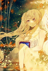 1girl ahoge alternate_costume alternate_eye_color alternate_hair_color bare_shoulders blonde_hair bubble closed_mouth collarbone commentary_request convenient_leg double-parted_bangs dress expressionless feet_out_of_frame floating_hair grey_eyes hatsune_miku holding holding_television knees_together_feet_apart looking_at_viewer partially_submerged ripples sidelocks sitting solo sundress television three_quarter_view twintails vocaloid white_dress yellow_theme yugi_yuzu