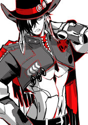1boy absurdres arm_up belt boothill_(honkai:_star_rail) collared_jacket commentary_request cowboy_hat cowboy_shot cropped_jacket cyborg earrings hair_over_one_eye hat highres honkai:_star_rail honkai_(series) jacket jewelry looking_to_the_side male_focus midriff mrsw0911 one_eye_covered piercing popped_collar red_eyes red_scarf scarf sharp_teeth sideways_glance simple_background solo teeth unzipped white_background zipper
