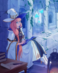 1girl absurdres aesc_(fate) aesc_(rain_witch)_(fate) blonde_hair blue_butterfly blue_eyes book braid bug butterfly dgwaves fate/grand_order fate_(series) glasses hat high_heels highres insect lantern long_hair open_book pillar quill rain robe sitting white_robe witch_hat
