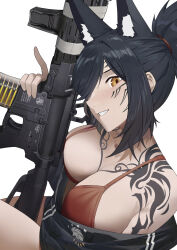 1girl animal_ear_fluff animal_ears ar-15 black_hair black_jacket blush bra breasts brown_eyes commentary commission facial_tattoo gun highres holding holding_gun holding_weapon jacket looking_at_viewer off_shoulder original parted_lips red_bra rifle shoulder_tattoo simple_background smile solo tattoo underwear weapon white_background zaq_(zaqsta)