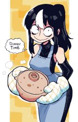 1girl absurdres apron black_dress black_gloves black_hair breasts dinner dress elbow_gloves english_text gloves highres large_breasts long_dress long_hair multicolored_hair noss_(rariatto) original oven_mitts ponytail pot rariatto_(ganguri) shaded_face speech_bubble streaked_hair vampire wavy_mouth