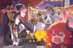 6+girls ahoge akari_(blue_archive) angcha apron bad_food black_bow black_coat black_hair black_hat black_horns black_shirt blonde_hair blue_archive blue_halo blunt_bangs bow braid breasts breath_weapon breathing_fire brown_eyes brown_hair closed_eyes closed_mouth coat collared_shirt cooking demon_girl demon_horns eating fire food frilled_sleeves frills fuuka_(blue_archive) hair_on_horn halo haruna_(blue_archive) hat headscarf highres holding holding_detonator holding_food horns iori_(blue_archive) izumi_(blue_archive) junko_(blue_archive) juri_(blue_archive) kettle lantern large_breasts long_hair long_sleeves multiple_girls necktie night open_mouth puffy_long_sleeves puffy_sleeves purple_halo red_hair red_halo red_necktie sanpaku scarf school_uniform shirt shoes short_necktie side_braid sidelocks smile tearing_up twintails white_apron white_hair white_shirt wiping_mouth yellow_halo yellow_headscarf