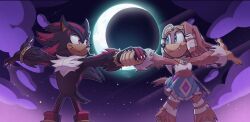 1boy 1girl animal_ears black_fur blue_eyes bracelet claws crescent_moon fang furry furry_female furry_male galaxylover06 highres holding_hands jewelry looking_at_another moon night outdoors red_eyes red_fur shadow_the_hedgehog sonic_(series) sonic_adventure sonic_unleashed spiked_bracelet spikes tikal_the_echidna two-tone_fur werehog