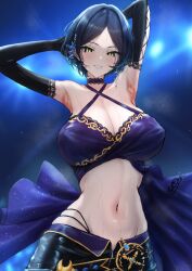 1girl absurdres arm_behind_head armpits bare_shoulders black_gloves black_skirt blue_dress blue_hair breasts cleavage collarbone dress earrings elbow_gloves gloves groin hair_ornament hayami_kanade highres huge_breasts idolmaster idolmaster_cinderella_girls jewelry looking_at_viewer navel parted_bangs short_hair skirt smile solo stomach sweat torishu_(kumataka_4867) yellow_eyes