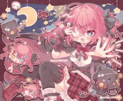 &gt;_&lt; 1girl :d asymmetrical_footwear black_bow black_thighhighs blue_background blue_eyes blush boots border bow bowtie cape cat chibi commentary commission crescent_moon eyepatch fang feet_out_of_frame frilled_skirt frills grid_background hair_bow hair_ornament hand_up heterochromia highres kamizakana_iriko long_sleeves looking_at_viewer mismatched_footwear moon open_mouth outline outside_border outstretched_arm plaid_clothes plaid_ribbon plaid_skirt red_boots red_border red_bow red_bowtie red_cape red_ribbon red_skirt ribbon shirt skeb_commission skin_fang skirt smile star_(symbol) sword thighhighs twitter_username two_side_up vbox virtual_youtuber weapon white_boots white_outline white_shirt x_hair_ornament yamisaki_touka yellow_eyes