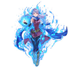 1girl absurdres aura belt blue_aura blue_eyes commentary elbow_gloves english_commentary fingerless_gloves fire_emblem fire_emblem:_radiant_dawn fire_emblem_engage fire_emblem_heroes floating_hair full_body gloves highres leggings long_hair long_scarf looking_at_viewer micaiah_(emblem)_(fire_emblem) micaiah_(fire_emblem) nintendo official_art scarf second-party_source simple_background solo suzuki_rika white_background