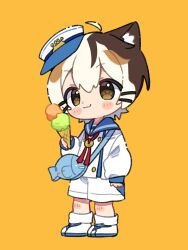 Rule 34 | 1boy, :3, ahoge, animal ear fluff, animal ears, bag, blue hat, blue sailor collar, blush stickers, boots, brown eyes, brown hair, cat boy, cat ears, closed mouth, commentary request, detached ahoge, fish bag, food, full body, hair ornament, hairclip, hat, highres, holding, holding food, holding ice cream, ice cream, indie virtual youtuber, long sleeves, looking at viewer, male focus, neck ribbon, notamaru 2, orange background, paw-shaped pupils, red ribbon, ribbon, sailor collar, sailor hat, shirt, short hair, shorts, simple background, smile, solo, standing, symbol-shaped pupils, tatamaru (vtuber), virtual youtuber, white boots, white hair, white shirt, white shorts