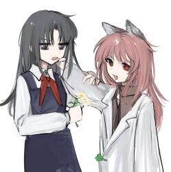 Rule 34 | angelia (girls&#039; frontline), animal ears, brown shirt, cat ears, cheek pinching, five-leaf clover, flower, girls&#039; frontline, grey eyes, grey hair, highres, holding, holding flower, lab coat, meijingde1342, necktie, persica (girls&#039; frontline), pinching, pink hair, red eyes, red necktie, school uniform, shirt, soviet school uniform, tie clip, white background, white shirt