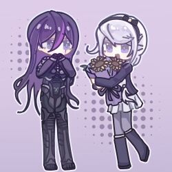 2girls armor black_bodysuit black_bow black_hairband black_headband bodysuit boots bouquet bow braid braided_ponytail eva_(hundred_line) flower full_body hair_between_eyes hair_bow hairband headband holding holding_bouquet jacket kirifuji_nozomi long_hair long_sleeves multiple_girls pantyhose pink_hair pleated_skirt purple_background purple_boots purple_eyes purple_hair purple_jacket purple_pantyhose purple_ribbon ribbon simple_background skirt standing the_hundred_line_-last_defense_academy- white_hair white_skirt