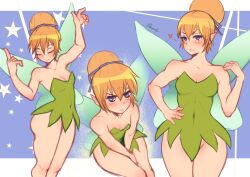 1girl bare_shoulders bawdy_art blonde_hair blue_eyes breasts dress fairy fairy_wings green_dress hair_bun looking_at_viewer medium_breasts mini_person multiple_persona pointy_ears short_hair single_hair_bun solo strapless strapless_dress tinker_bell_(disney) walt_disney&#039;s_peter_pan wings