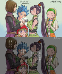 2boys 3girls absurdres black_gloves black_shirt blonde_hair blue_eyes blue_hair blush brown_vest camus_(dq11) closed_eyes closed_mouth commentary_request couple dragon_quest dragon_quest_xi earrings embarrassed engagement_ring fingerless_gloves gloves green_hairband green_shirt green_skirt hairband hero_(dq11) hetero high_ponytail highres hoop_earrings jewelry marriage_proposal martina_(dq11) matching_hair/eyes midriff multiple_boys multiple_girls pekuchin_(pekuchin_3) ponytail purple_eyes purple_hair putting_on_jewelry red_headwear ring senya_(dq11) shirt skirt smile spiked_hair sweatdrop translation_request twitter_username veronica_(dq11) vest white_shirt wristband