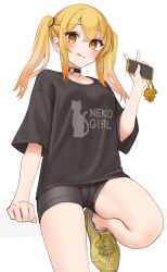 1girl :q absurdres bike_shorts black_choker black_shirt black_shorts blonde_hair blush charm_(object) choker commentary_request heart heart_o-ring highres holding holding_phone kopaka_(karda_nui) long_hair looking_at_viewer o-ring o-ring_choker original phone shirt shoes short_sleeves shorts simple_background smile sneakers solo t-shirt thighs tongue tongue_out twintails v white_background yellow_eyes