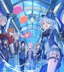 3boys 5girls ahoge ascot balloon black_thighhighs blue_ascot blue_dress blue_eyes blue_hair blue_headwear bubble chandelier closed_eyes commentary commentary_request dress furina_(genshin_impact) genshin_impact glass_ceiling grey_pants hat highres horns indoors itty_bitty_octobaby_(genshin_impact) kamisato_ayato kukatsuma long_hair looking_at_viewer low_twintails mona_(genshin_impact) multiple_boys multiple_girls neuvillette_(genshin_impact) nilou_(genshin_impact) one_eye_closed open_mouth orange_hair own_hands_together palms_together pants power_connection red_hair sangonomiya_kokomi short_hair shorts smile sparkle standing tartaglia_(genshin_impact) thighhighs top_hat twintails twitter_username veil very_long_hair vest water white_shorts white_thighhighs white_veil white_vest yelan_(genshin_impact)