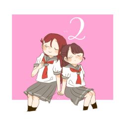 Rule 34 | 2girls, aida rikako, animification, black socks, blush, border, closed eyes, closed mouth, commentary, countdown, grey sailor collar, grey skirt, hair ornament, hairclip, half updo, holding hands, invisible chair, kase (ks lys), love live!, love live! sunshine!!, medium skirt, multiple girls, notice lines, pink background, pleated skirt, real life, red hair, sailor collar, sakurauchi riko, school uniform, serafuku, shirt, short sleeves, simple background, sitting, skirt, smile, socks, summer uniform, tie clip, u u, uranohoshi school uniform, voice actor, voice actor connection, white border, white shirt