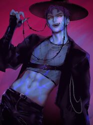Rule 34 | 1boy, abby (kpop demon hunters), abs, black jacket, black pants, body markings, chain, demon, evil smile, fangs, fingernails, fishnet top, fishnets, gat (hat), hashtag-only commentary, hat, highres, jacket, kpop demon hunters, long fingernails, looking at viewer, male focus, ogai, pants, pink hair, short hair, smile, solo, yellow eyes