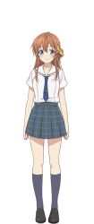 1girl arihara_tsubasa arms_at_sides black_shoes blue_eyes blue_necktie blue_socks bow brown_hair cinderella_series closed_mouth full_body grey_skirt hachigatsu_no_cinderella_nine hair_between_eyes hair_bow kneehighs loafers long_hair miniskirt necktie noguchi_takayuki official_art plaid_clothes plaid_skirt pleated_skirt sailor_collar satogahama_school_uniform school_uniform serafuku shirt shoes short_sleeves simple_background skirt smile socks solo standing summer_uniform tachi-e transparent_background white_sailor_collar white_shirt yellow_bow