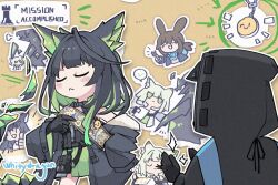 1other 3girls :&lt; ambiguous_gender amiya_(arknights) animal_ears arknights black_gloves black_hair cat_ears cat_girl closed_eyes colored_inner_hair commentary doctor_(arknights) gloves green_hair kal&#039;tsit_(arknights) long_sleeves medium_hair mon3tr_(arknights) multicolored_hair multiple_girls outline white_outline whitydragon