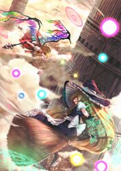 2girls alternate_hair_length alternate_hairstyle apron ascot back_bow battle black_hat black_skirt black_vest blonde_hair bow braid broom broom_riding commentary_request crystal_wings danmaku evil_smile fang flandre_scarlet flying frilled_apron frilled_ascot frills hair_ornament hairclip hat highres kirisame_marisa lantern long_hair magic_circle medium_hair multicolored_wings multiple_girls nail_polish open_mouth outdoors parallel_hairclips puffy_short_sleeves puffy_sleeves red_eyes red_nails red_shoes red_skirt red_vest ribbon shoes short_sleeves side_braid single_braid skirt smile socks teruteru12 touhou very_long_hair vest waist_apron white_apron white_bow white_ribbon white_socks wings witch_hat x_hair_ornament yellow_ascot