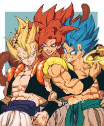 Rule 34 | absurdres, biceps, blue eyes, blue sash, body fur, brown fur, dragon ball, dragon ball gt, dragon ball super, dragonball z, gogeta, halo, highres, male focus, metamoran vest, monkey boy, monkey tail, multiple persona, muscular, muscular male, no nipples, pants, pectorals, red hair, relio db318, sash, simple background, smile, spiked hair, super saiyan, super saiyan 1, super saiyan 4, super saiyan blue, tail, veins, veiny hands, white pants