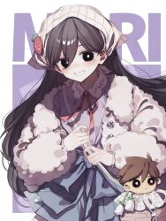 Rule 34 | 1girl, absurdres, bag, basket, black eyes, black hair, blue skirt, blush, border, bow, bow skirt, bright pupils, buttons, character doll, character name, collared shirt, cowboy shot, double-parted bangs, flower, fur jacket, grin, hair behind ear, hair between eyes, hanabata0320, hat, hero (faraway) (omori), hero (omori), high-waist skirt, highres, holding, holding bag, jacket, lily of the valley, long hair, long sleeves, looking at viewer, mari (faraway) (omori), mari (omori), neck ribbon, official alternate costume, omori, open clothes, open jacket, outside border, polka dot, polka dot background, puffy long sleeves, puffy sleeves, purple background, purple shirt, red ribbon, ribbon, shirt, shirt tucked in, simple background, skirt, smile, solo, standing, strawberry hat ornament, white border, white flower, white hat, white jacket, white pupils