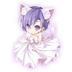 1girl animal_ears bow cat_ears cat_tail chibi dress eiyuu_densetsu falcom female_focus full_body kemonomimi_mode kloe_rinz pink_dress purple_eyes purple_hair ribbon saru short_hair smile solo sora_no_kiseki tail white_background