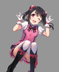 10s 1girl ;d black_boots black_bow black_bowtie black_hair blush boots bow bowtie buttons dutch_angle female_focus gloves grey_background hair_bow hair_ornament hairclip hand_gesture idol kira-kira_sensation! knee_boots knees_together_feet_apart looking_at_viewer love_live! love_live!_school_idol_project m/ mignon one_eye_closed open_mouth pink_eyes pink_skirt pink_vest pom_pom_(clothes) red_bow round_teeth shirt short_twintails simple_background skirt smile solo squatting tareme teeth thighhighs thighs twintails vest white_gloves white_shirt white_thighhighs wristband yazawa_nico zettai_ryouiki