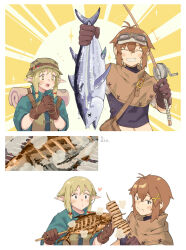 +_+ 2girls :t animal belt black_eyes black_vest blonde_hair blue_eyes blue_shirt blush border brown_belt brown_capelet brown_gloves brown_hair brown_hat bucket_hat capelet commentary_request eating elf fish fishing_rod fukana_miyu_(kokuya28) gloves goggles goggles_on_head grill hair_ornament hat heart highres holding holding_animal holding_fish holding_fishing_rod kokuya_(kokuya28) multiple_girls open_mouth original pointy_ears shirt short_hair smile sparkle upper_body vest visor_cap white_border white_shirt x_hair_ornament