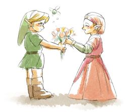 1boy 1girl belt blonde_hair blush boots bouquet brown_belt brown_boots child closed_eyes closed_mouth commentary dress facing_another fairy flower from_side full_body giving green_hat green_tunic hat hetero holding holding_bouquet link long_dress long_sleeves looking_at_another maruco5569 navi nintendo open_mouth pink_dress pointy_ears princess_zelda short_sleeves simple_background smile standing symbol-only_commentary the_legend_of_zelda the_legend_of_zelda:_ocarina_of_time tunic two-tone_dress white_background white_dress white_hat young_link young_zelda