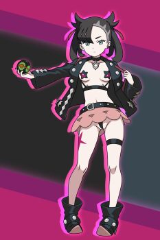 Rule 34 | 1girl, absurdres, adapted costume, belt, black background, black belt, black boots, black choker, black hair, black jacket, boots, breasts, choker, dusk ball, female focus, full body, green eyes, grey hair, hair horns, high heel boots, high heels, highres, holding, holding poke ball, hoshi wo miru, jacket, looking at viewer, marnie (pokemon), medium hair, microskirt, multicolored hair, navel, nintendo, no shirt, open clothes, open jacket, pasties, petite, pink skirt, poke ball, pokemon, pokemon sv, punk, purple background, revealing clothes, simple background, skirt, small breasts, solo, standing, star (symbol), star pasties, thigh strap, twintails, two-tone hair