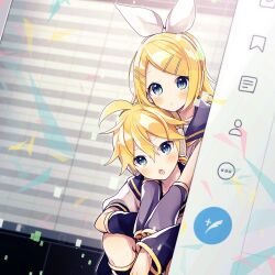 1boy 1girl ahoge aqua_eyes arms_around_neck black_leg_warmers black_sailor_collar blonde_hair blue_eyes bow chestnut_mouth curious detached_sleeves hair_between_eyes hair_bow hair_ornament hairclip head_tilt headphones headset hug hug_from_behind kagamine_len kagamine_rin knee_up leaning_forward leaning_on_person leg_warmers light_blush looking_at_viewer monitor o3o open_mouth peeking_out puckered_lips sailor_collar sailor_shirt shirt shorts sleeveless sleeveless_shirt solo squatting suzumi_(fallxalice) swept_bangs vocaloid vocaloid_editor vsq white_bow white_shirt