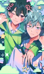 2boys alien_stage black_eyes black_hair black_jacket cloud collared_shirt commentary drawn_blush drawn_ears drawn_whiskers english_commentary green_eyes green_hoodie headphones hood hoodie ivan_(alien_stage) jacket male_focus multiple_boys official_alternate_costume one_eye_closed orri_(iirokagi) red_pupils riichuuba shirt short_hair star_(symbol) till_(alien_stage) very_short_hair white_shirt
