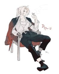 Rule 34 | 1boy, black pants, cigarette, edward elric, full body, fullmetal alchemist, hand up, highres, holding, holding cigarette, male focus, pants, parted lips, prosthesis, prosthetic arm, simple background, smoke, smoke trail, smoking, solo, teeth, white background, xue ezi